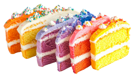 Slices of rainbow cake forming a colorful arc on transparent background
