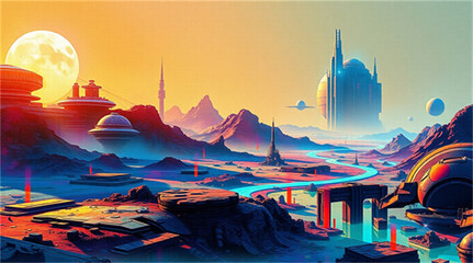 Futuristic Alien Landscape with Neon Colors and Imaginative Sci-Fi Architecture
