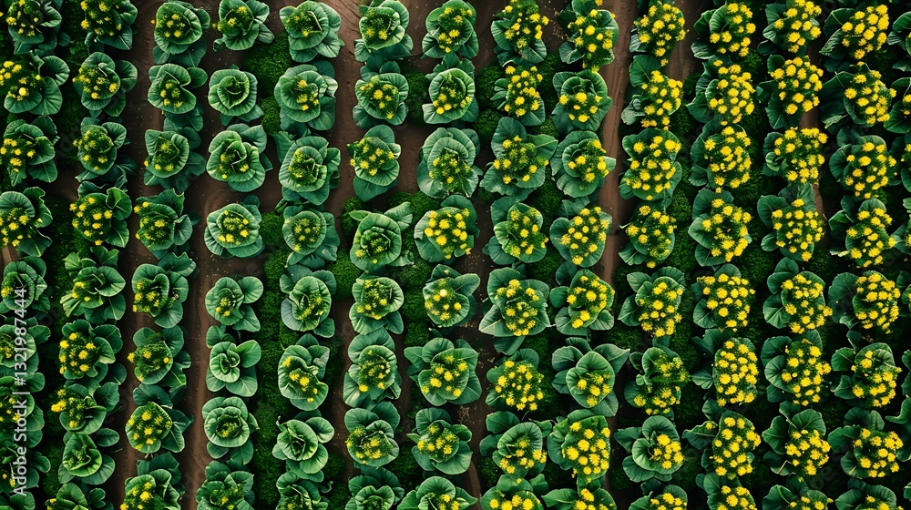 Poster overhead view of an extensive zucchini farm with rows of green and yellow squash creating a vibrant 