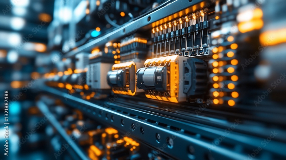Poster close-up of illuminated server rack components