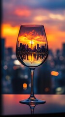 Tokyo sunset captured within a wine glass, urban mirage