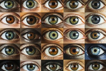 Fototapeta premium Diverse eyes collage, global unity, human connection, background blurred, stock photo