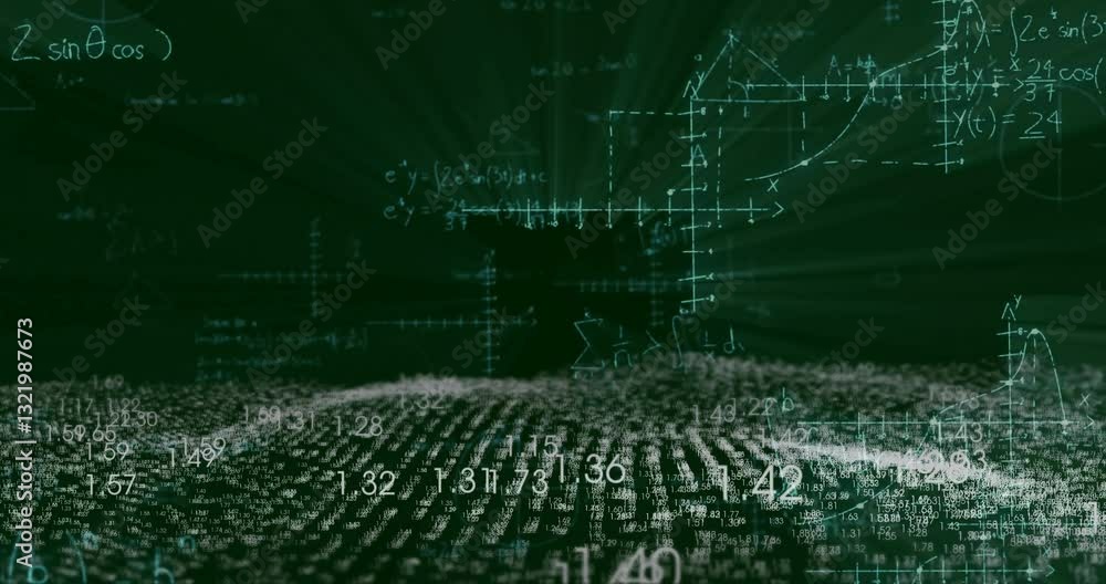 Poster animation of mathematical equations and graphs in digital landscape with green hues