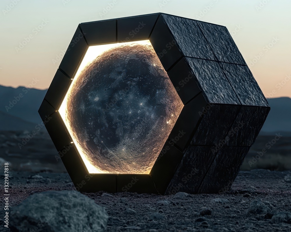 Poster futuristic hexagonal sculpture with 3d celestial object inside