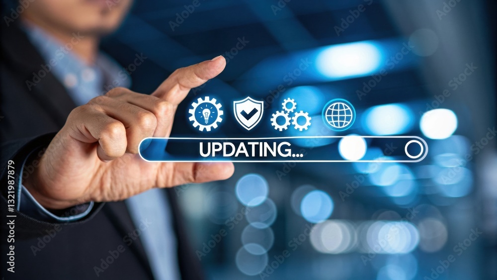Poster data update: person interacting with a digital updating interface, surrounded by abstract technology
