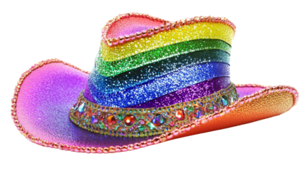 Rainbow cowboy hat sparkling with glitter and jewels on transparent background