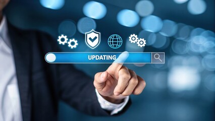 System Update: Business professional interacts with a digital interface, symbolizing a system update with interface elements. 
