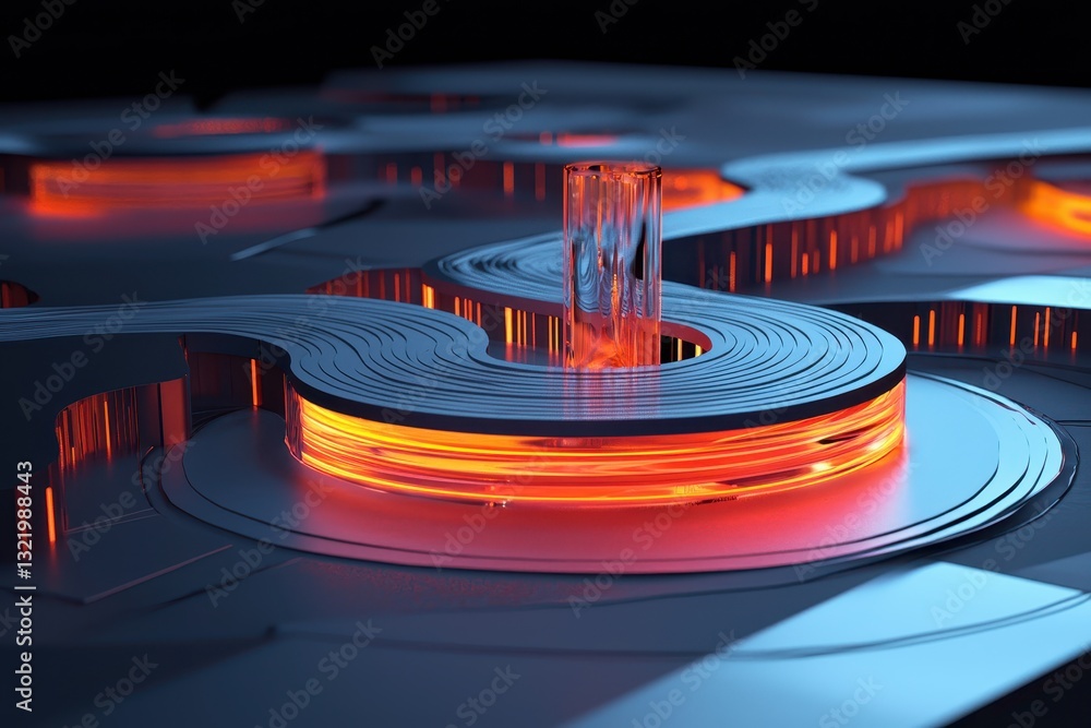 Poster abstract flowing lines with glowing orange elements in dark background