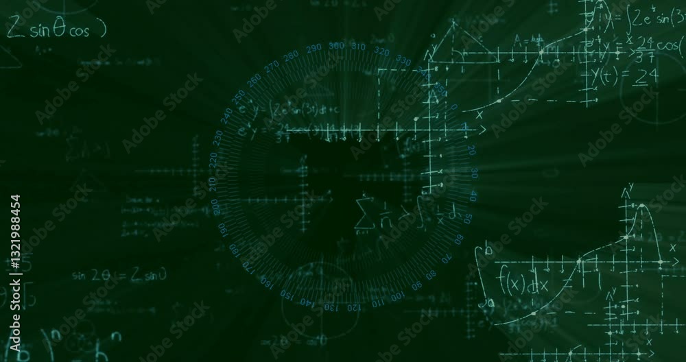 Poster animation of mathematical equations and graphs on green background with light effect