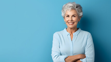 A woman with gray hair is smiling and standing in front of a blue wall