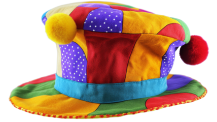 Colorful clown hat with pompoms on transparent background