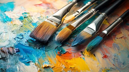 Obraz premium A close-up of various paintbrushes resting on a vibrant, colorful palette, showcasing an array of paint colors ready for artistic creation.