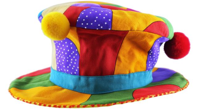 Colorful clown hat with pompoms on transparent background