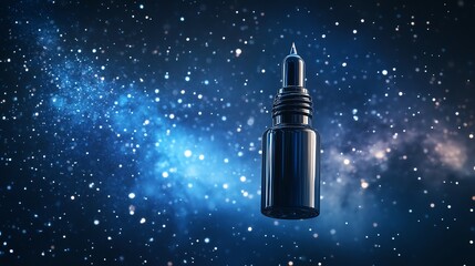 A sleek black bottle floats in a starry cosmic background, suggesting a theme of space and mystery.