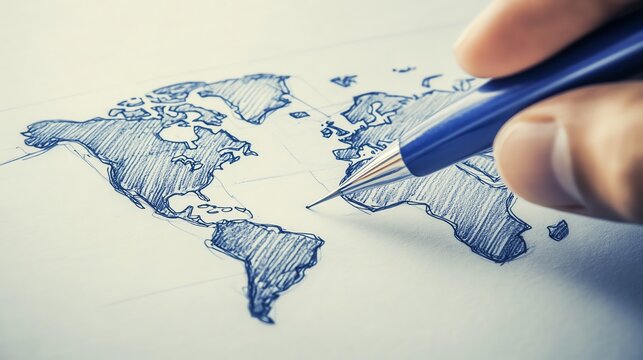 A hand draws a detailed sketch of a world map using a blue pen, showcasing geographical features and outlining continents.