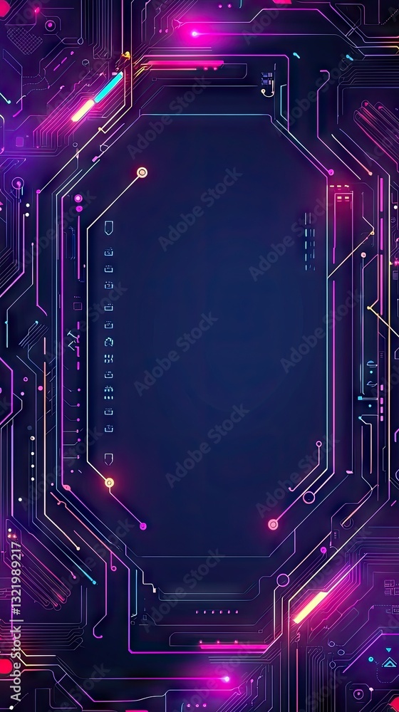 Poster abstract tech circuit background; glowing lines frame empty space