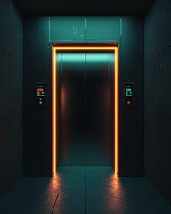 Modern Elevator Interior with Neon Lighting and Futuristic Design