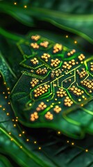 Obraz premium Bio-circuitry leaf, nature fusion, technology, green background, sustainable tech