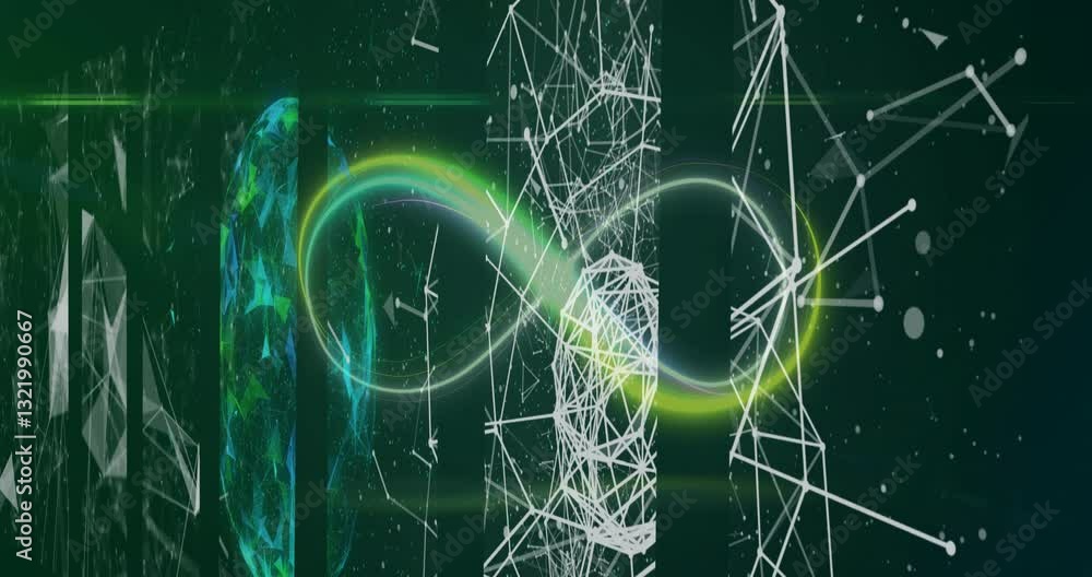 Poster animation of abstract digital network with infinity symbol on green background