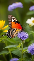 Fototapeta premium A butterfly sitting on top of a purple flower.
