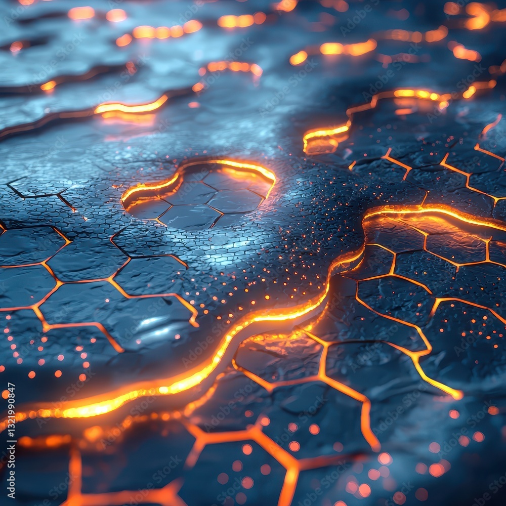 Poster abstract hexagonal surface with glowing lines and sparks