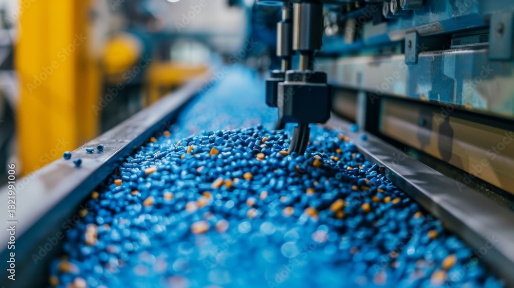 Poster capsules in various colors are being transported on a conveyor belt in a pharmaceutical production a