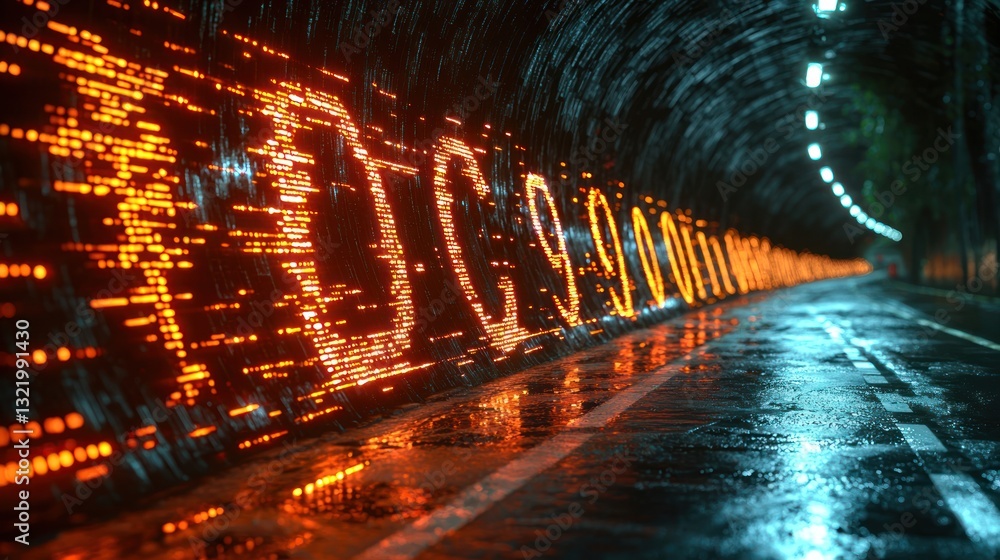 Poster illuminated data highway, futuristic tunnel with glowing digital streams