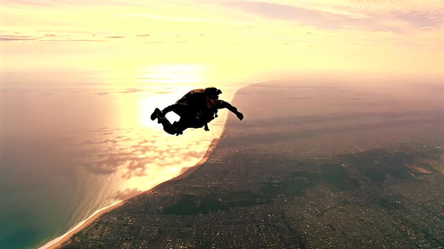 Soldier parachutes into sunset sky, soldier calmly navigates parachute, soldier demonstrates fearless parachute maneuver, soldier controls precise airborne tactical descent.
