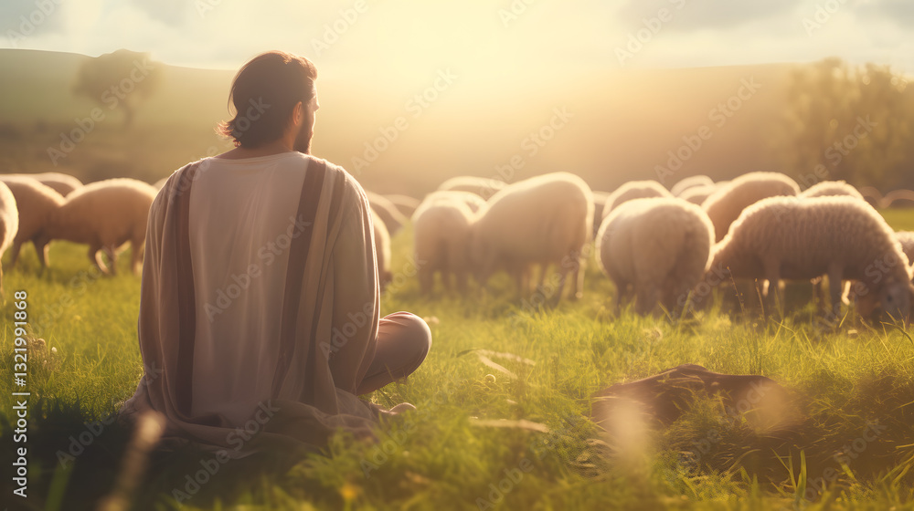 Poster a man sits in a field with a herd of sheep