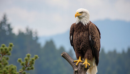 Mature bald eagle perched on branch with serene mountain and forest background showcasing majestic wildlife
