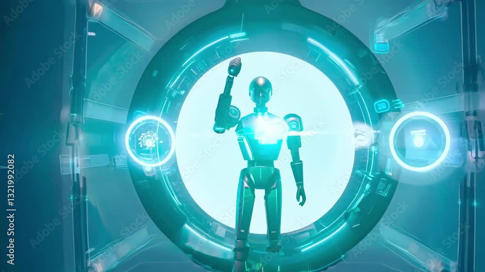 Poster futuristic robot interacting in virtual environment. concept of artificial intelligence, digital inn