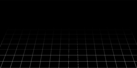 Futuristic perspective grid box. Abstract wireframe with white grid line on black background. Virtual reality landscape in 80s 90s digital style. Vector EPS 10