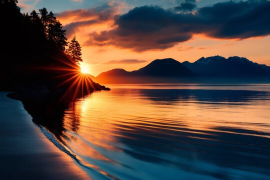 Golden sunrise illuminating calm ocean and majestic mountains