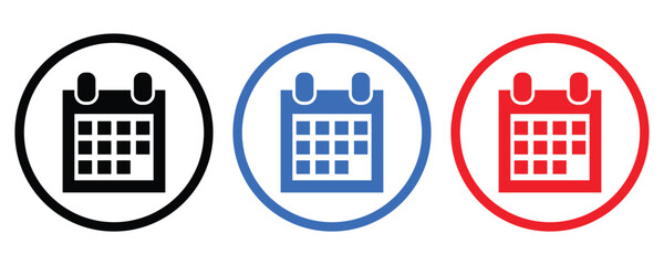 Calendar icon vector set, calendar silhouette vectors, calendar icons in red, blue and black colors isolated on white background.
