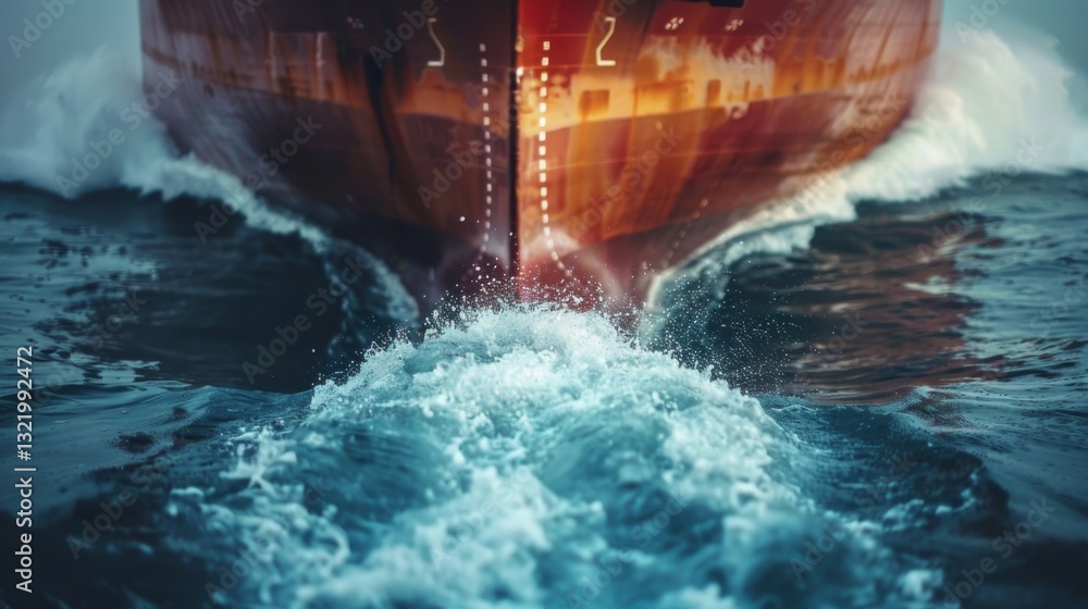 Aufkleber A large ship propels forward, creating splashes and waves as it glides through the calm sea during the early morning. The sunlight reflects on the water's surface.