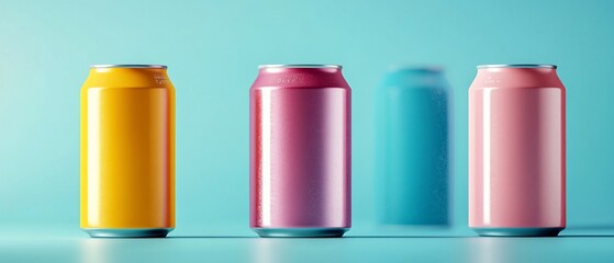Colorful aluminum cans in yellow, pink, and blue on a light blue background
