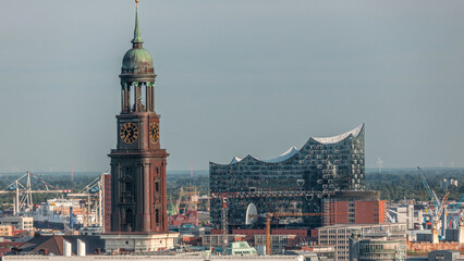 Obraz premium Aerial timelapse of Hamburg's historic city center skyline with iconic towers and spires. Germany