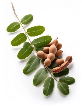 Tamarind branch displaying vibrant green leaves and brown seed pods against pristine white backdrop, highlighting botanical details