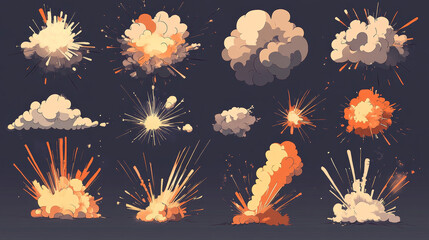 Comic energy explosion. Trace from movements, clouds and sparks from bombs or dynamites detonations. Speed dynamic motion smoke or dust trail. Puff, mist special effects isolated vector set