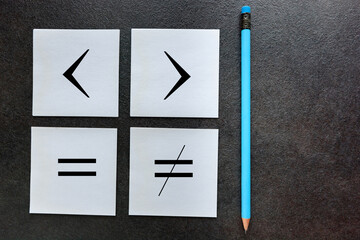 Mathematical operations symbols handwritten on nores pad sheets. less greater, same, different