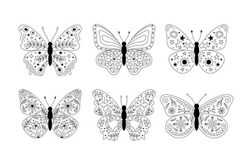 Butterflies with floral, botanical and abstract ornament on wings. Whimsical insects isolated illustration top view. Black outline butterflies vector set. Hand drawn doodle elements flowers, leaves