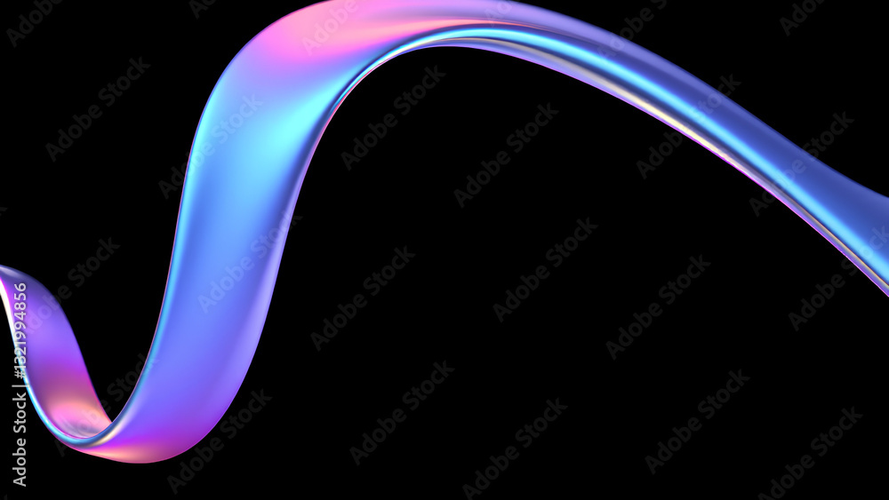 Poster abstract fluid holographic iridescent purple curved wave in dark background 3d render. gradient desi