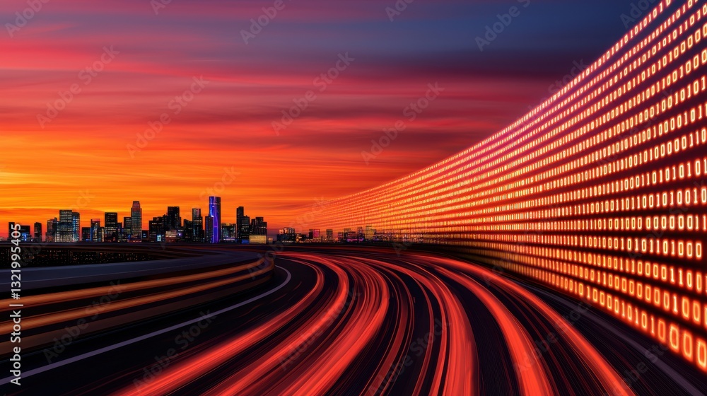 Poster abstract cityscape sunset with glowing binary code and light trails