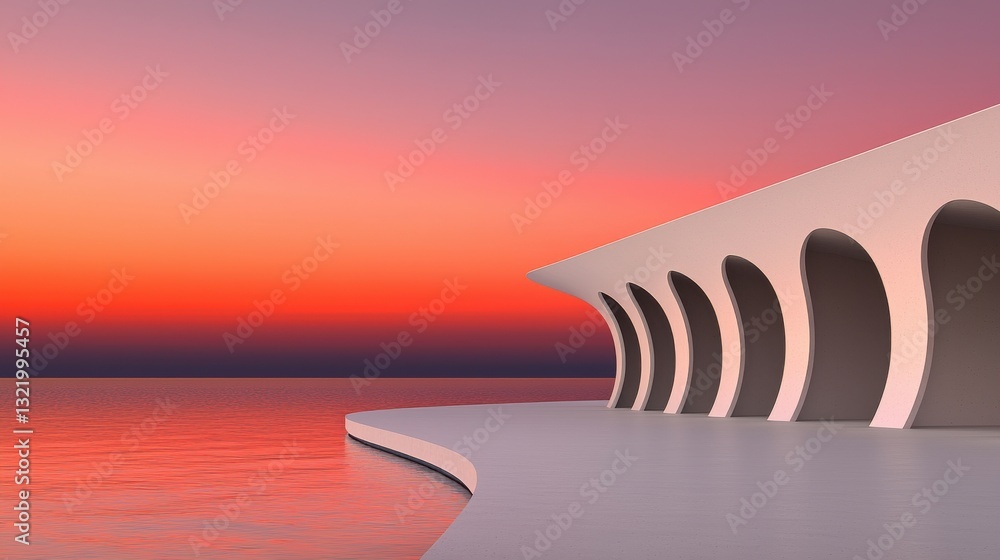 Poster abstract coastal architecture at sunset minimalist concrete structure with arched openings
