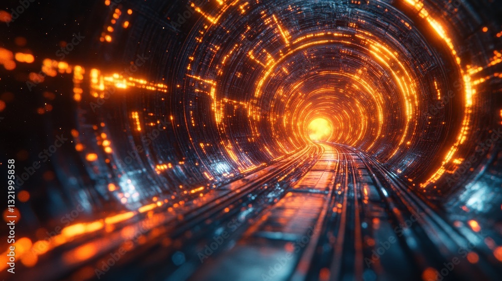 Poster explore the depths of an illuminated abstract tunnel radiating vibrant energy and intricate details,