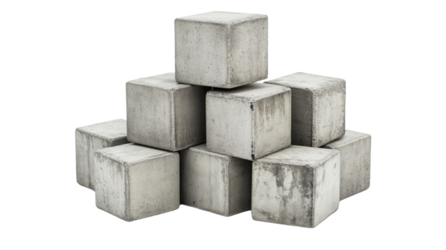 Concrete blocks stacked on transparent background forming pyramid shape