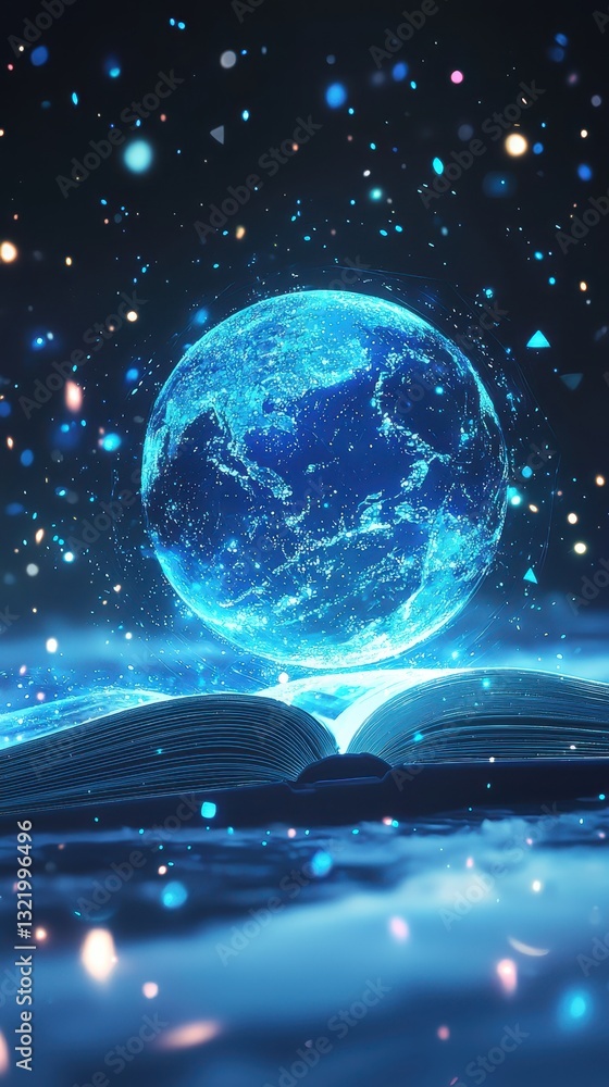 Poster enchanted book with floating globe in a starry cosmic atmosphere