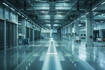 Fototapeta premium Bright and spacious industrial area with polished concrete floors, high ceilings, and organized workstations, suitable for manufacturing operations