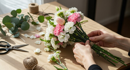 Crafting Beauty: Floral Bouquet Assembly - DIY Elegance with Pink & White Carnations, Eucalyptus, Twine & Care!