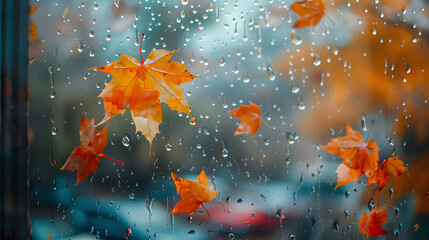 A window with raindrops and leaves on it